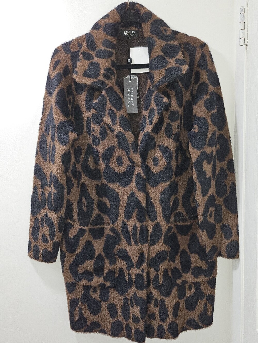 Title: Badgley Mischka Brown Leopard Fuzzy Knit Cardigan Coat Medium NWT